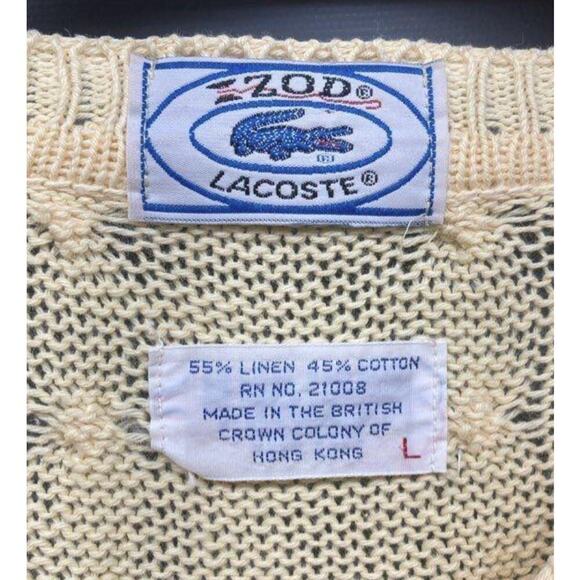 Men’s Vintage IZOD Lacoste Cable Knit Sweater, Linen-Cotton Blend Light Yellow L - Picture 2 of 5